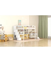 Full Size Loft Bed With Built-In Desk, Bookshelves And Storage Staircase, White