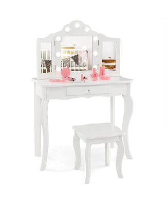 Costway Kid Vanity Table Stool Set Tri-Folding Mirror Adjustable 3-Color Led Light