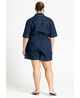 Eloquii Women's Denim Collared Wrap Romper