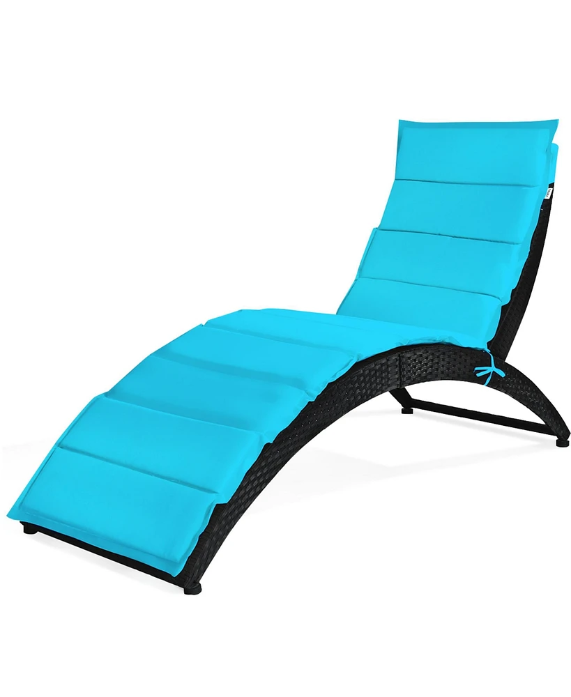 Gymax 2PCS Foldable Rattan Wicker Chaise Lounge Chair w/ Turquoise Cushion Patio Outdoor
