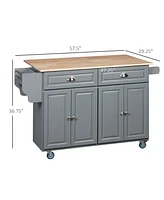 Homcom Rolling Kitchen Island on Wheels, Kitchen Cart with Solid Wood Drop Leaf Breakfast Bar, Storage Drawers, 4