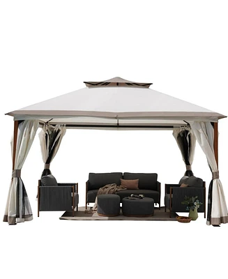 Mondawe 10x13 Ft Outdoor Soft-Top Gazebos Iron Frame With Mosquito Netting and Curtains