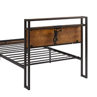Metal Platform Bed with Wooden Headboard, Led Lights, Usb Liner, Easy Assemble