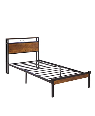 Streamdale Furniture Metal Platform Bed with Wooden Headboard, Led Lights, Usb Liner, Easy Assemble