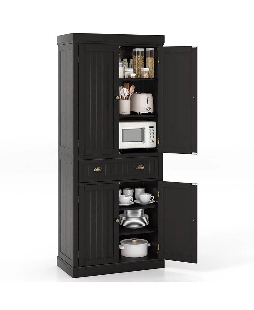 Gymax 72'' Kitchen Pantry Storage Cabinet Tall Freestanding Cupboard w/ 4 Doors Large Drawer