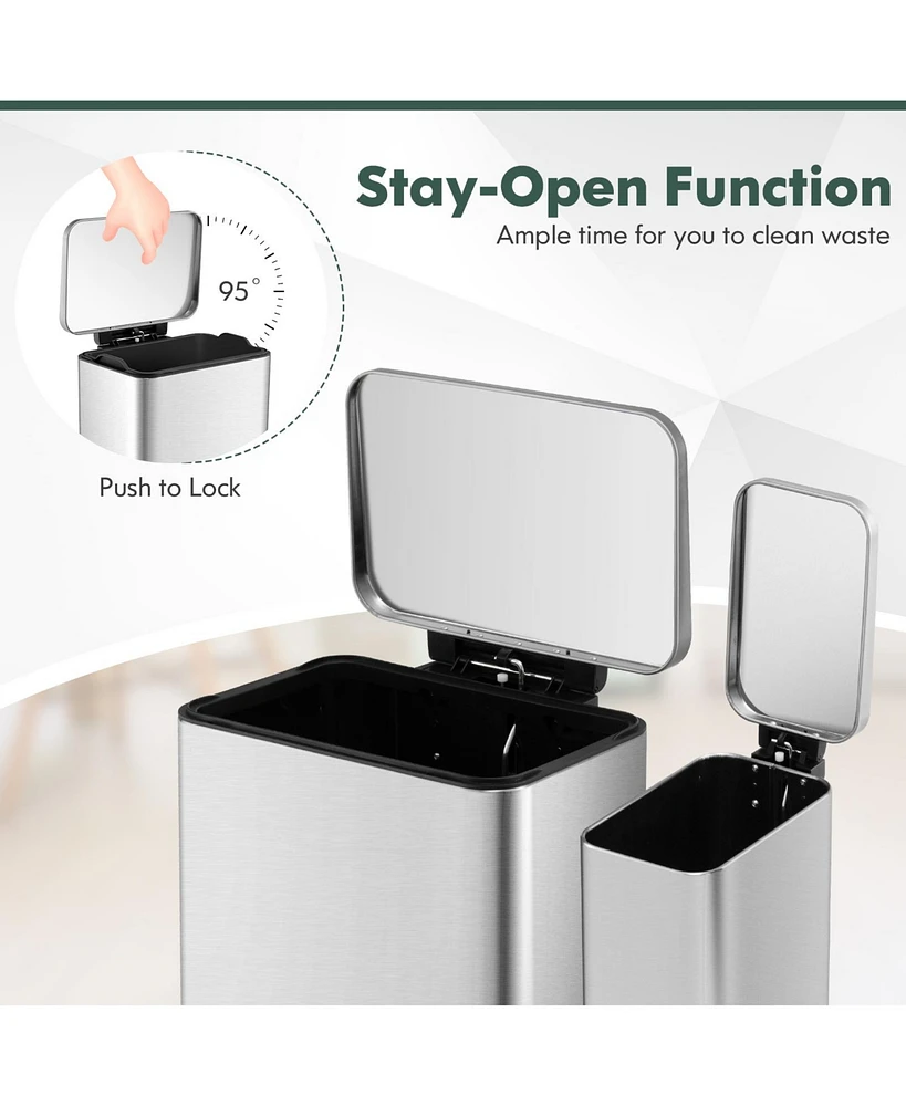 Slickblue 10.5 Gal and 1.6 Gal Step Trash Can Combo Set with Detachable Inner Buckets-Silver