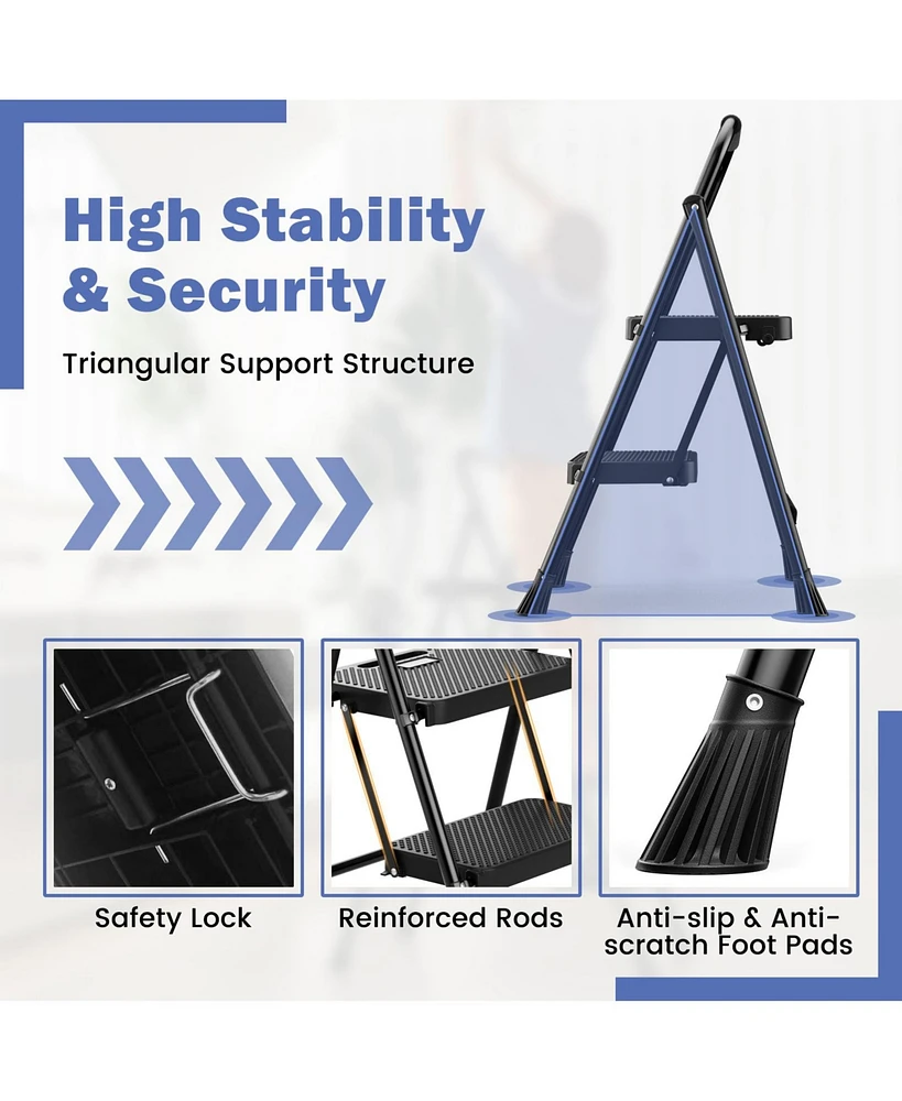 Slickblue Portable Folding 2 Step Ladder with Wide Anti-Slip Pedal-Black