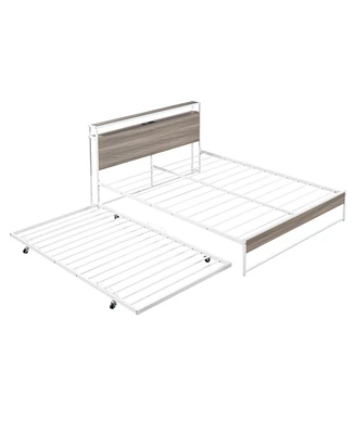 Simplie Fun Queen Size Metal Platform Bed Frame With Trundle, Usb Ports And Slat Support, No Box Spring