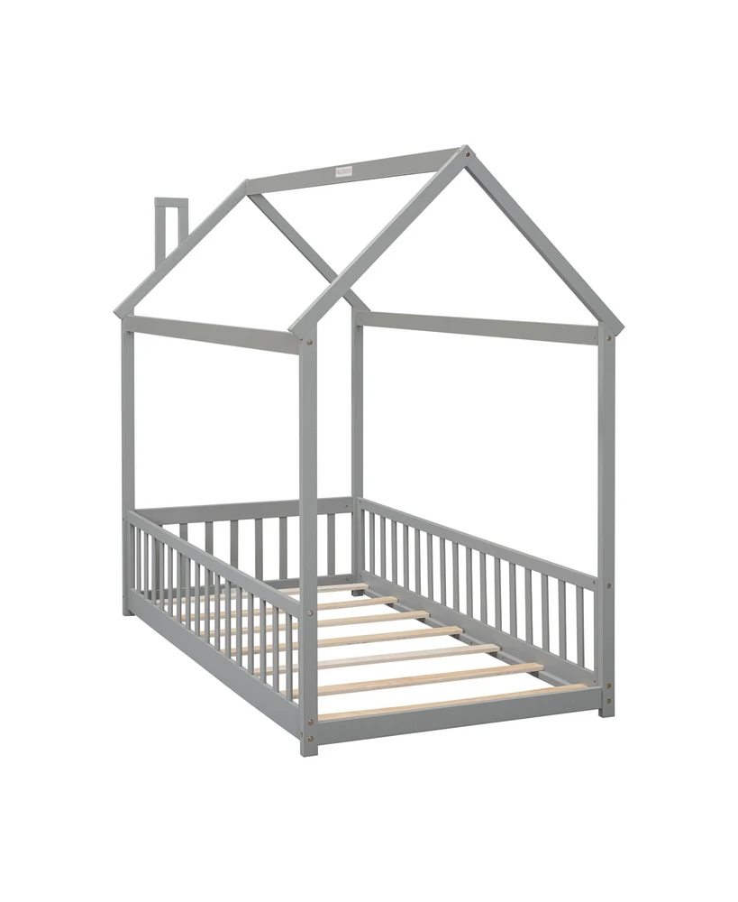 Simplie Fun Twin House Bed With Guardrails, Slats