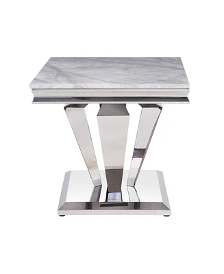 Simplie Fun Satinka End Table, Light Gray Printed Faux Marble & Mirrored Silver Finish