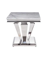 Simplie Fun Satinka End Table, Light Gray Printed Faux Marble & Mirrored Silver Finish