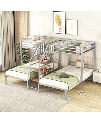 Simplie Fun Metal Twin Over Twin & Twin Bunk Bed, Triple Bunk Bed With Storage Shelves Staircase