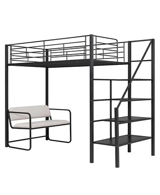 Simplie Fun Twin Size Metal Loft Bed With Bench And Storage Staircase