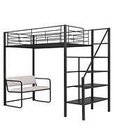 Simplie Fun Twin Size Metal Loft Bed With Bench And Storage Staircase