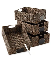 Casafield (Set of 4) Water Hyacinth 10"x13"x5" Pantry Baskets w/ Chalkboard Labels and Marker - Espresso, Woven Storage Bins for Kitchen Shelves