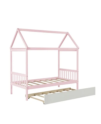 Simplie Fun Warm Pink Twin House Bed With Twin Trundle