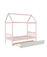 Simplie Fun Warm Pink Twin House Bed With Twin Trundle