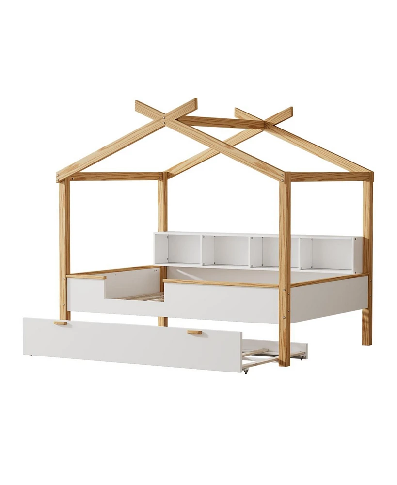 Simplie Fun Full Size Wooden House Bed With Original Wooded Frame Twin Size Trundle And Books