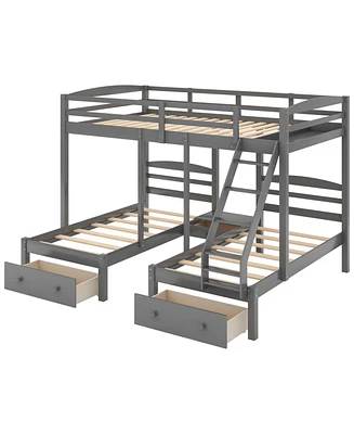 Streamdale Furniture Full Over Twin & Twin Bunk Bed, Triple Bunk Bed With Drawers