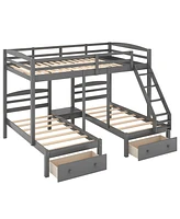 Streamdale Furniture Full Over Twin & Twin Bunk Bed, Triple Bunk Bed With Drawers