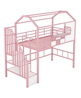 Simplie Fun Metal Loft Bed With Roof Design And A Storage Box, Twin, Pink