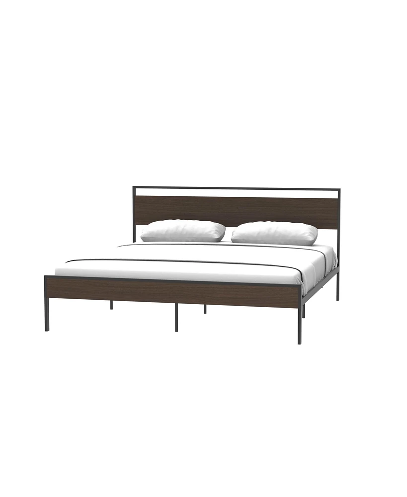 Streamdale Furniture Ceres Metal Bed, Black With Walnut Wood Headboard&Footboard, King