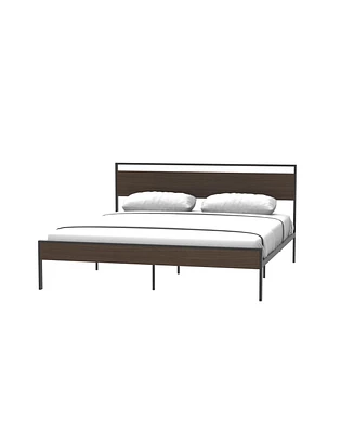 Simplie Fun Ceres Metal Bed, Black with Walnut wood Headboard&Footboard, King