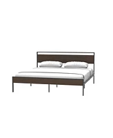 Simplie Fun Ceres Metal Bed, Black with Walnut wood Headboard&Footboard, King