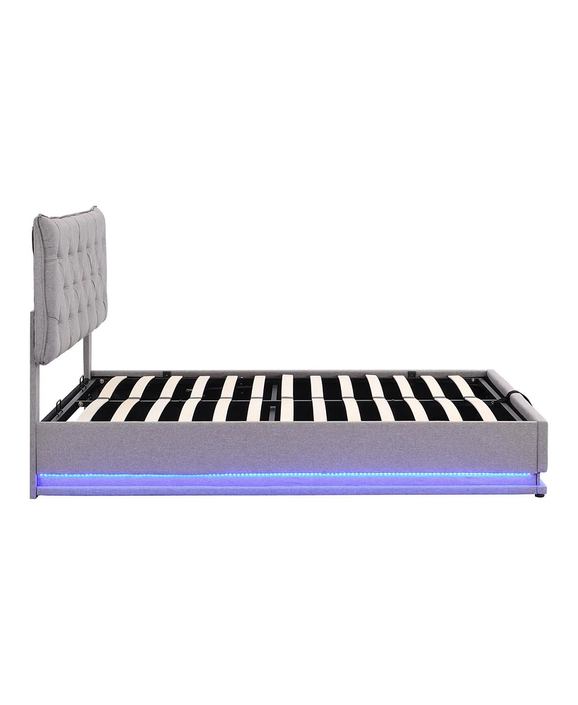 Simplie Fun Modern Gray Upholstered Bed with Led Light & Storage