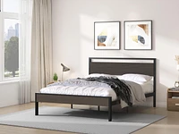 Ceres Metal Bed, Black With Walnut Wood Headboard&Footboard, Queen