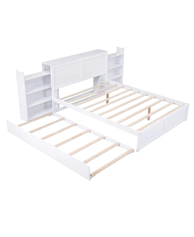 Streamdale Furniture Queen Size Storage Platform Bed With Pull Out Shelves And Twin Xl Size Trundle