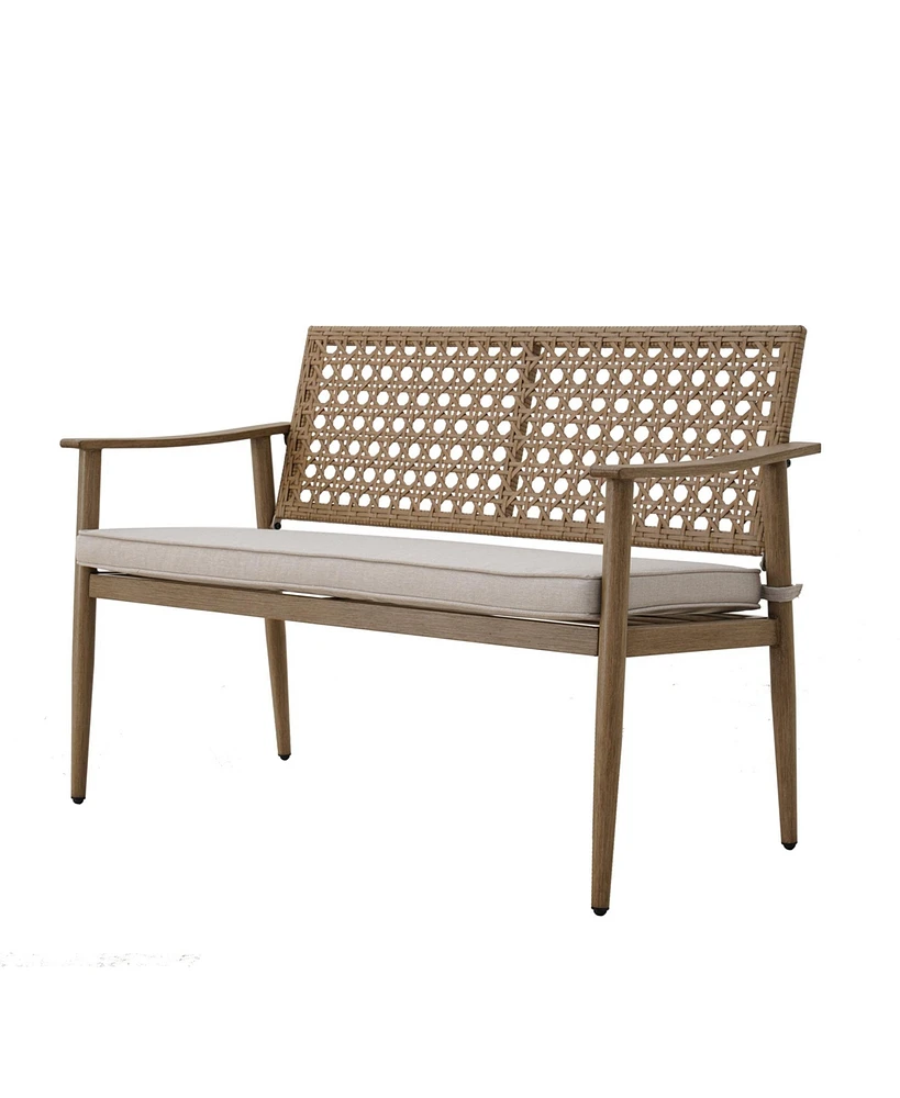 Mondawe 2-Person Wicker Beige Rattan Outdoor Bench Chair with White Cushion