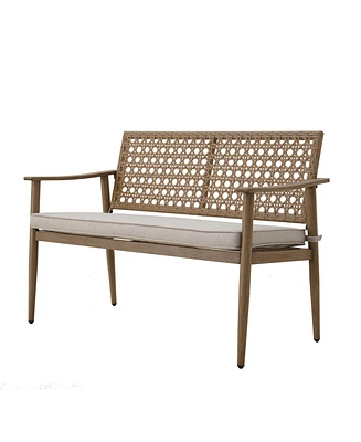 Mondawe 2-Person Wicker Beige Rattan Outdoor Bench Chair with White Cushion