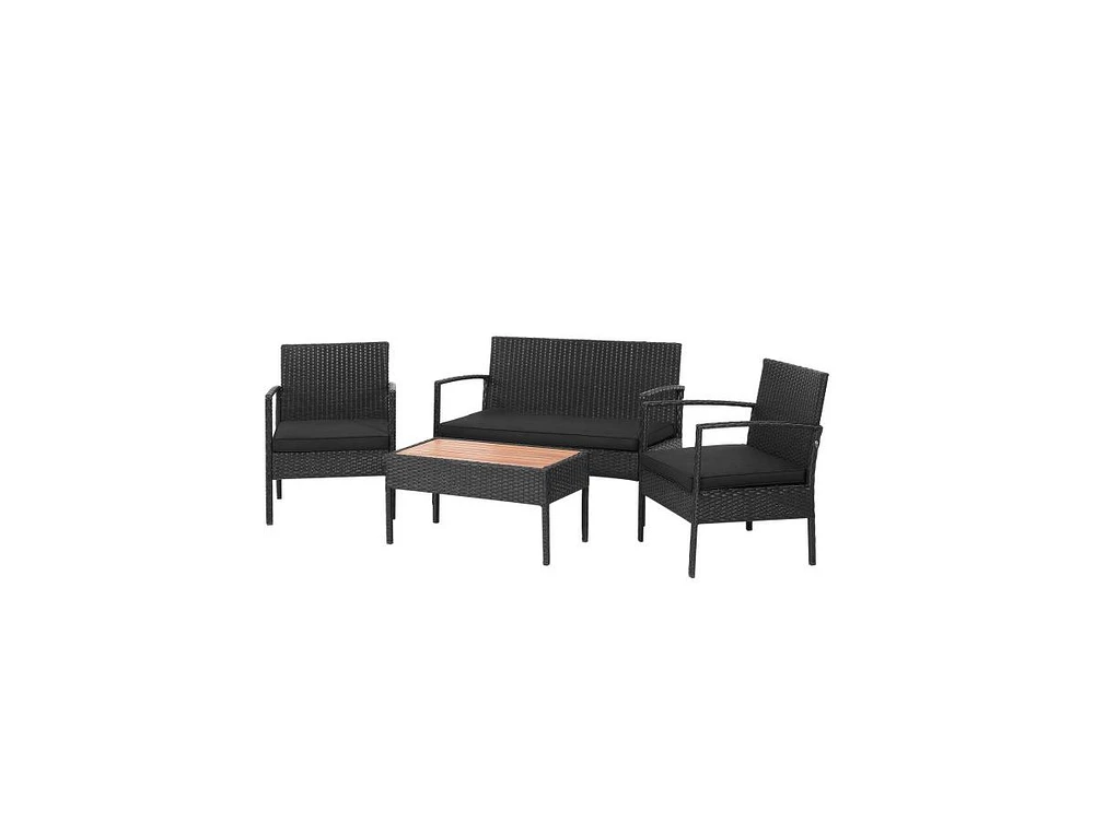 Slickblue 4 Pieces Patio Rattan Cushioned Furniture Set with Wooden Tabletop