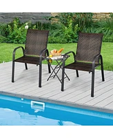 Gymax 6PCS Outdoor Pe Wicker Stacking Dining Chairs Patio Arm Mix Brown