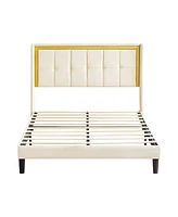 Streamdale Furniture Sturdy Beige Upholstered Bed with Wooden Slats