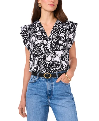 Vince Camuto Women's Floral V-Neck Flutter-Sleeve Top