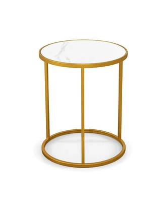 Slickblue 16 Inch Marble Top Round Side Table with Golden Metal Frame for Living Room Bedroom-1 Piece