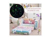 Slickblue 2-in-1 Flip Out Kids Sofa Chair with Detachable Flannel Fabric Cover and Glowing Patterns