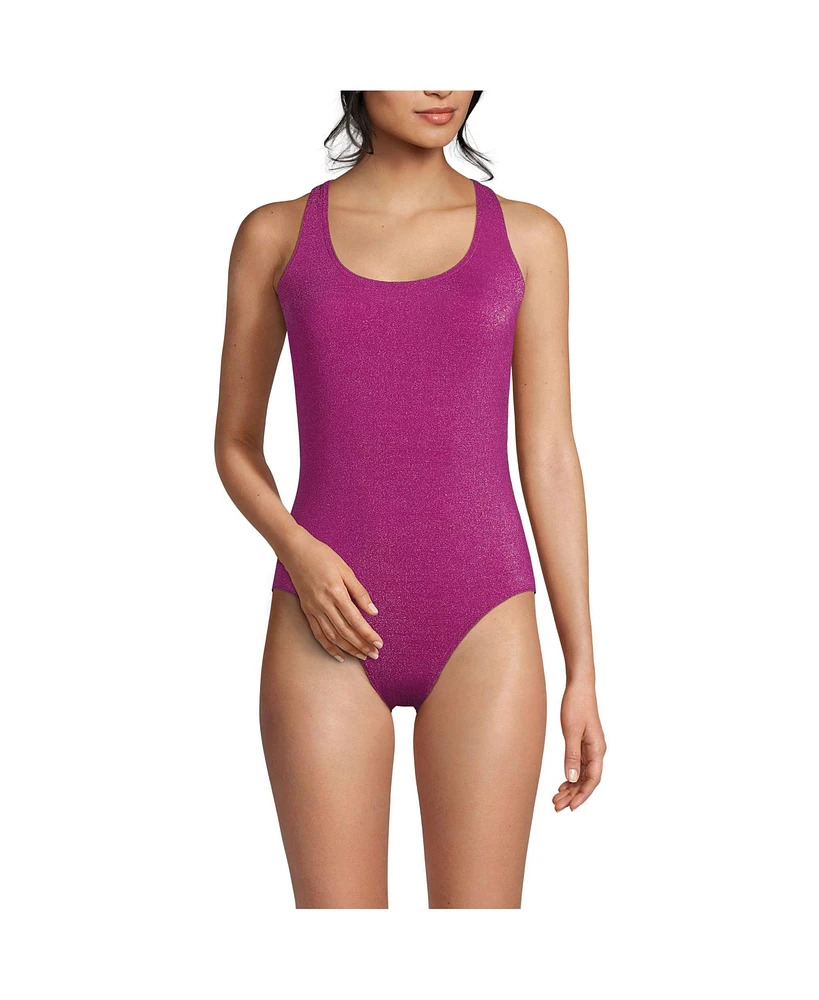 Lands' End Women's Long Chlorine Resistant Shine X-Back High Leg Soft Cup Tugless One Piece Swimsuit