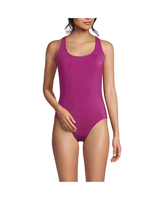 Lands' End Women's Long Chlorine Resistant Shine X-Back High Leg Soft Cup Tugless One Piece Swimsuit