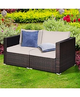 Gymax 2PCS Rattan Corner Sofa Set Patio Outdoor Furniture Set w/ 4 Beige Cushions