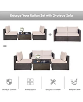 Gymax 2PCS Rattan Corner Sofa Set Patio Outdoor Furniture Set w/ 4 Beige Cushions