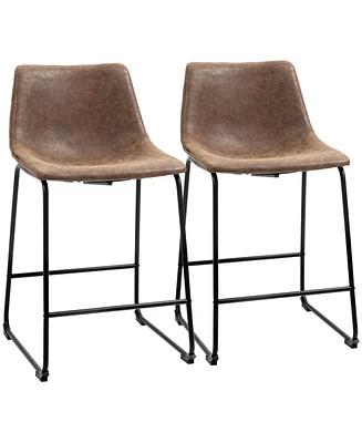 Homcom Counter Height Bar Stools Set of 2 W/ Footrest, Vintage Pu Leather, Dark Brown