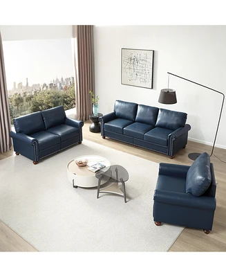 Simplie Fun Living Room Sofa with Storage Sofa 1+2+3 Sectional Navy Blue Faux Leather