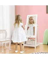 Slickblue Kids Full Length Wooden Standing Mirror with Bottom Shelf and Foldable Storage Bin-White