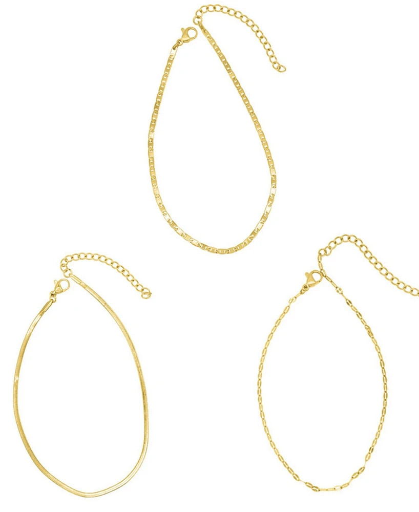 Adornia Gold Tarnish Resistant Adjustable 9-11" Herringbone, Valentina and Mariner Chain Anklet Set