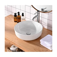 16" Round Porcelain Ceramic Bathroom Countertop Vessel Sink w/Pop up Drain Hotel