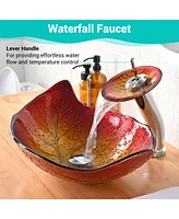 Aquaterior 2 Pack Transitional Leaf Shape Tempered Glass Sink Waterfall Faucet