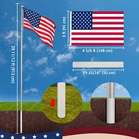 Yescom Bravery 30Ft Sectional Flag Pole Kit Aluminum Outside Inground Yard Garden with 3'x5' Usa Flag Ball Top Silver